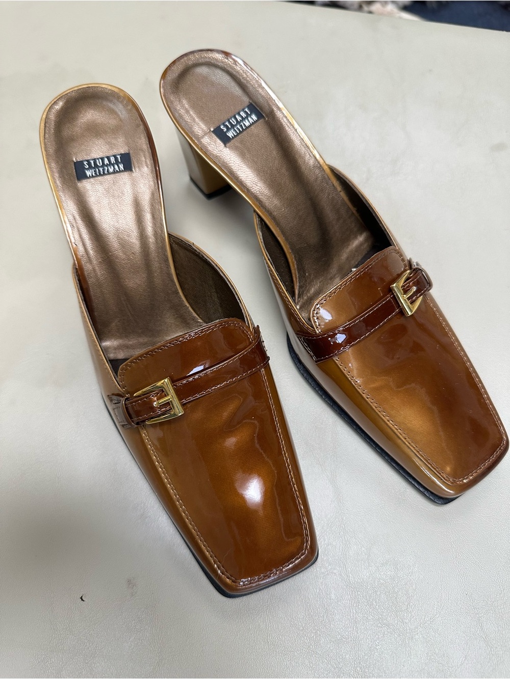 Stuart Weitzman Cognac Patent Leather Buckle Mule Heels